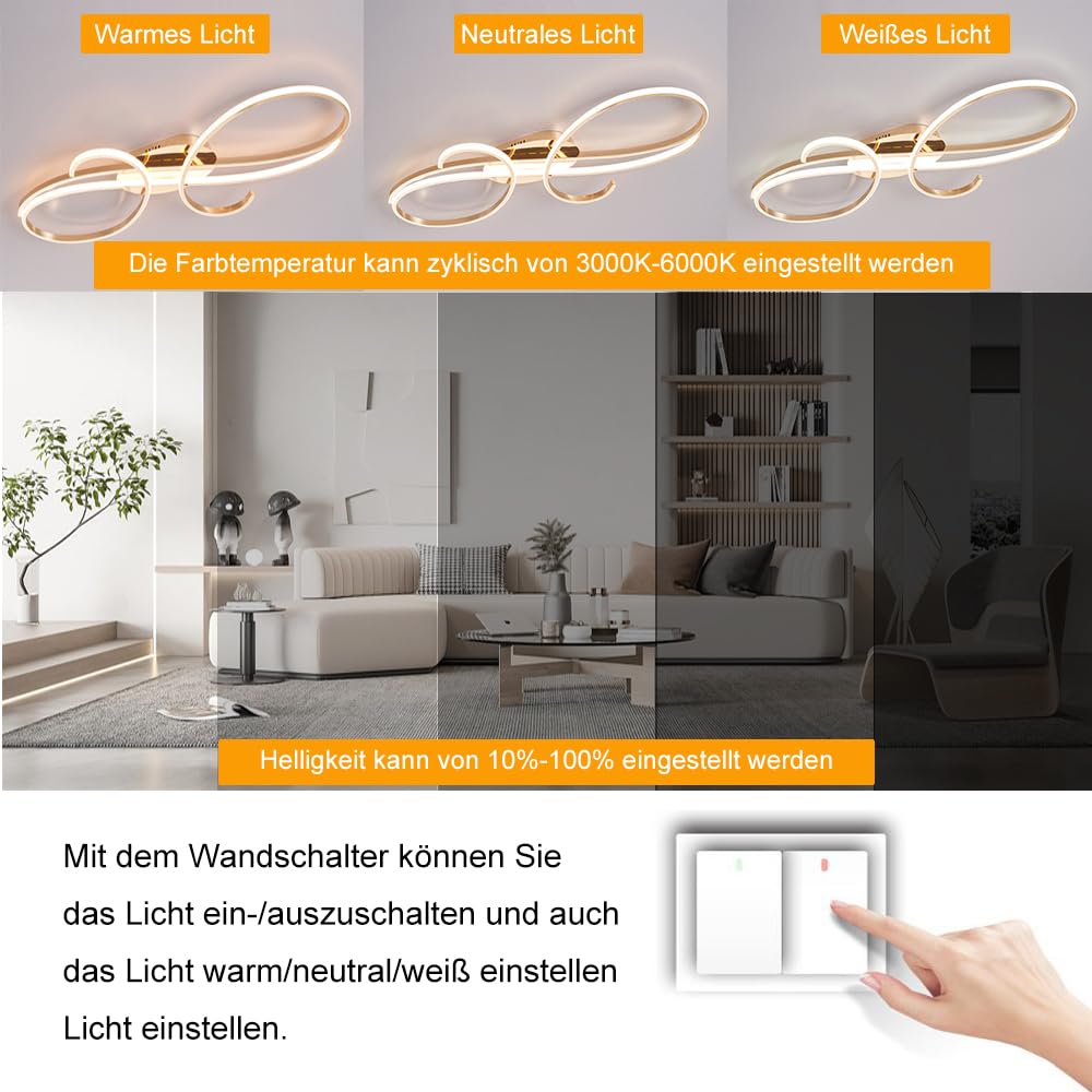 WSXEDC Moderne Kreative LED Deckenleuchte Dimmbare Metall Chrom für die Augenpflege Deckenlampe Mit Fernbedienung für Wohnzimmer Schlafzimmer Esszimmer Flure Gold 60cm