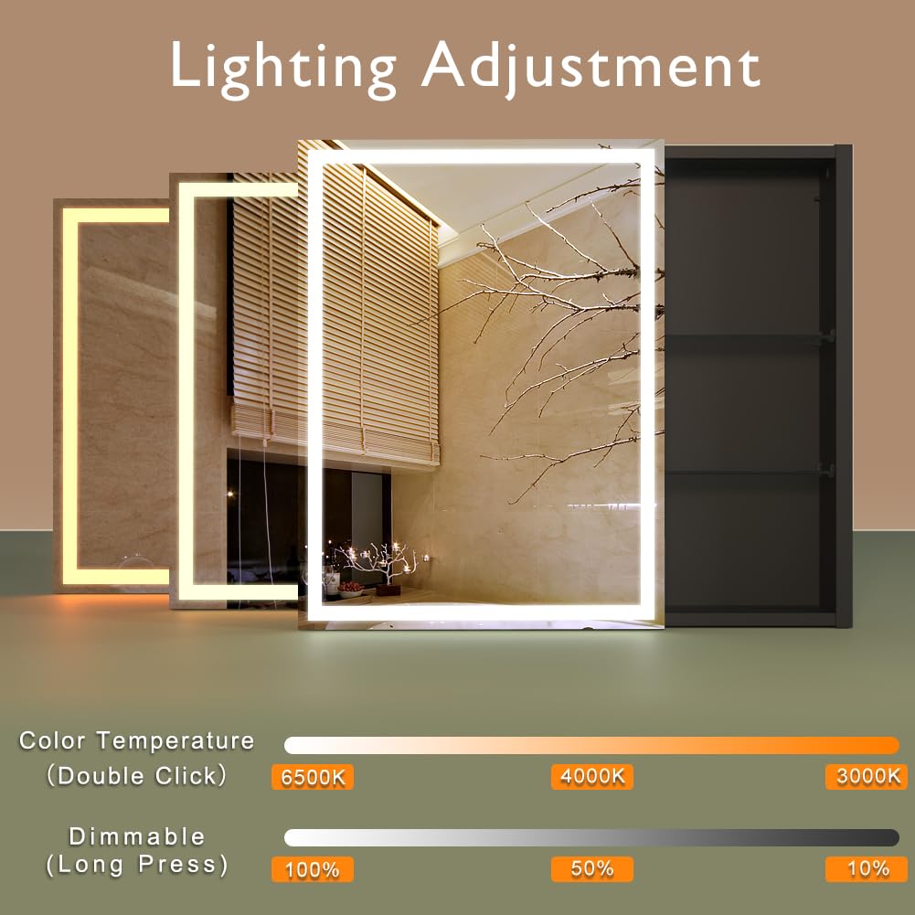 KWW LED Beleuchtetes Badezimmer Medizin Kabinett mit Spiegel, Farbtemperatur Einstellbar, Anti-Nebel Dimmbare Lichter, Steckdosen für USBs (75 x 70 cm)