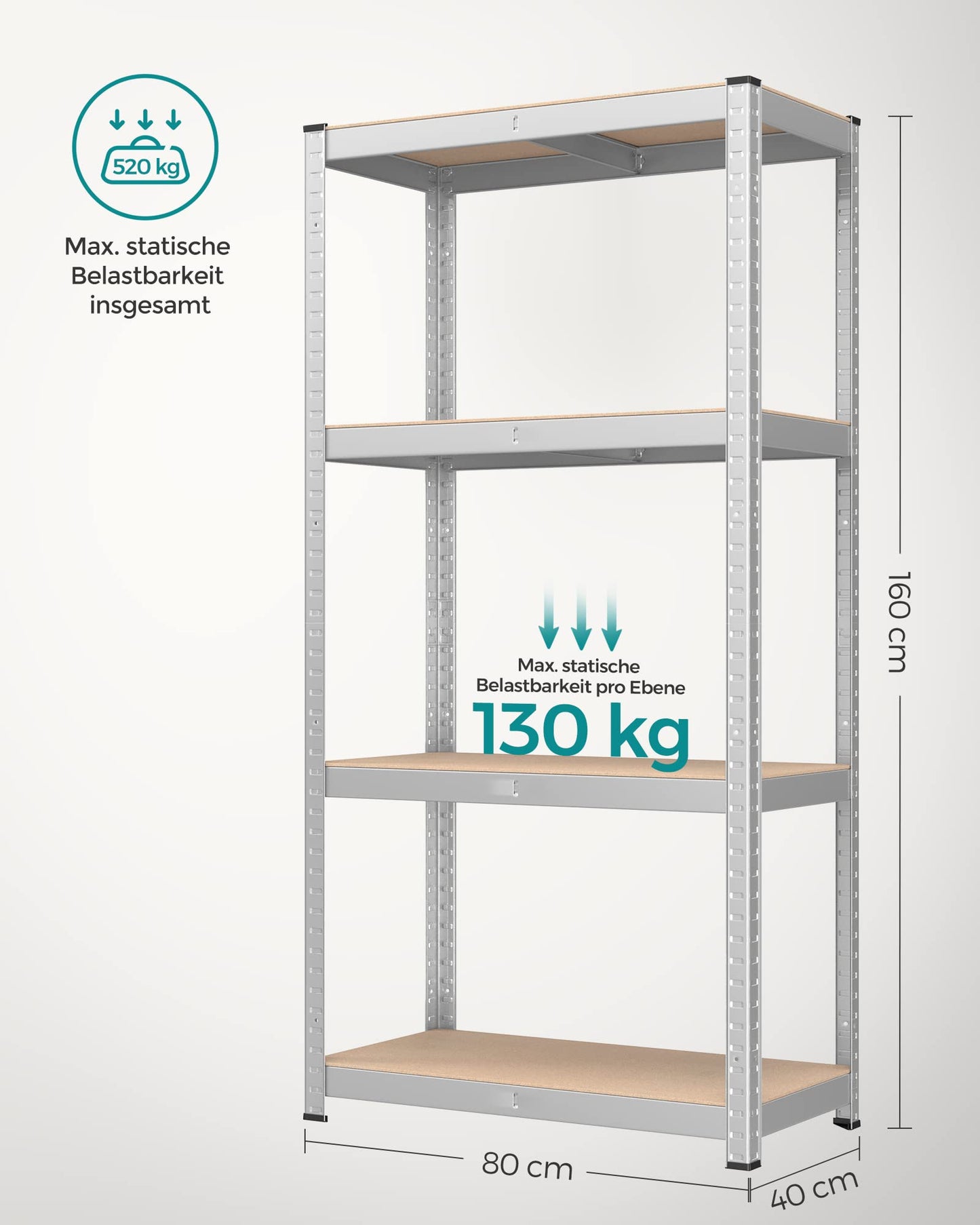 SONGMICS Heavy Duty Shelving Unit Set of 2 Cellar Shelves Storage Shelves 40 x 80 x 160 cm Shelf with Steel Frame Maximum Load 520 kg 4 Adjustable Shelves Silver GLR044E02