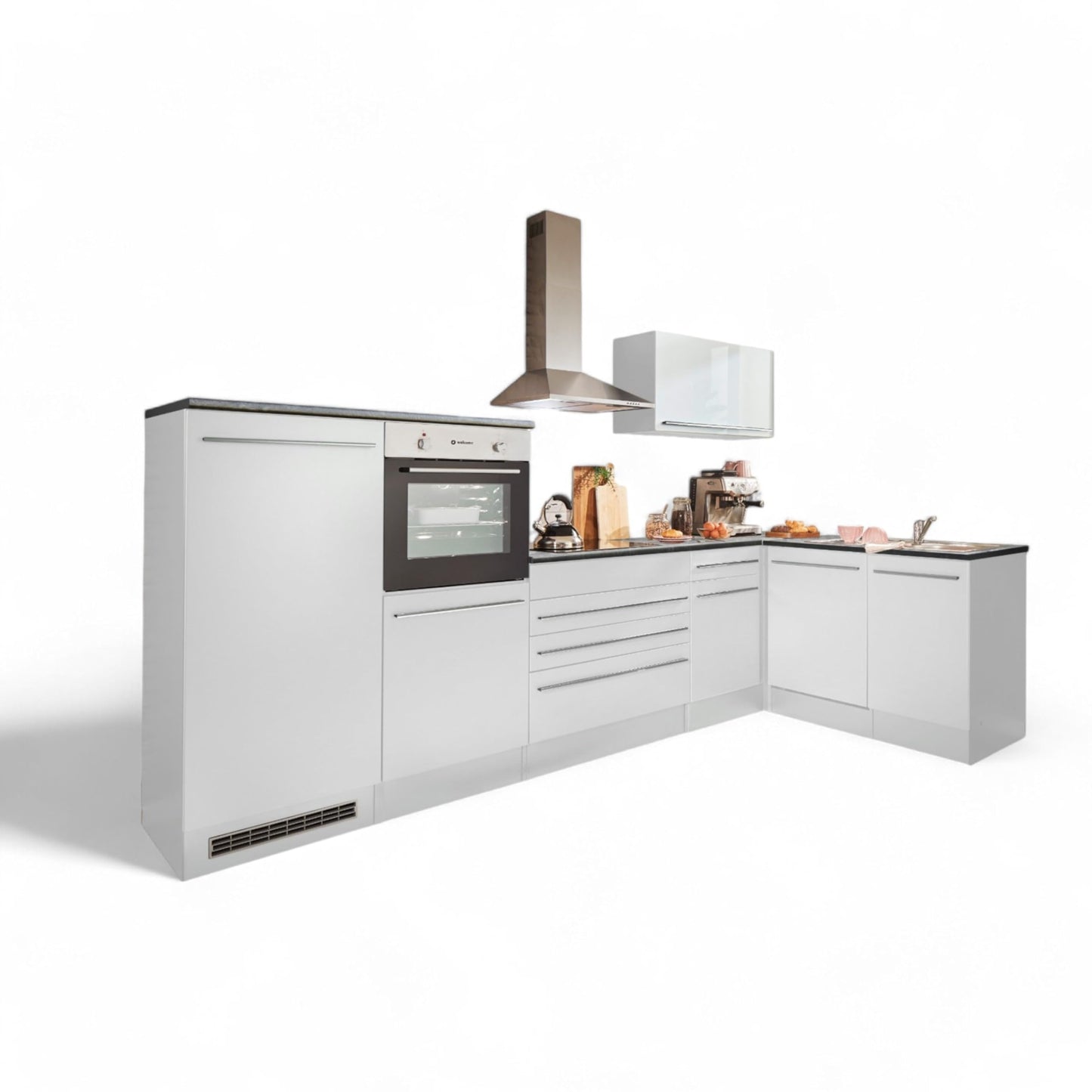 Jazz 4 Modern Corner Kitchen with Electrical Appliances in White High Gloss, Metallic Grey - Spacious Kitchen Unit in L-Shaped with Lots of Storage Space - 320 x 200 x 60 cm (W x H x D)