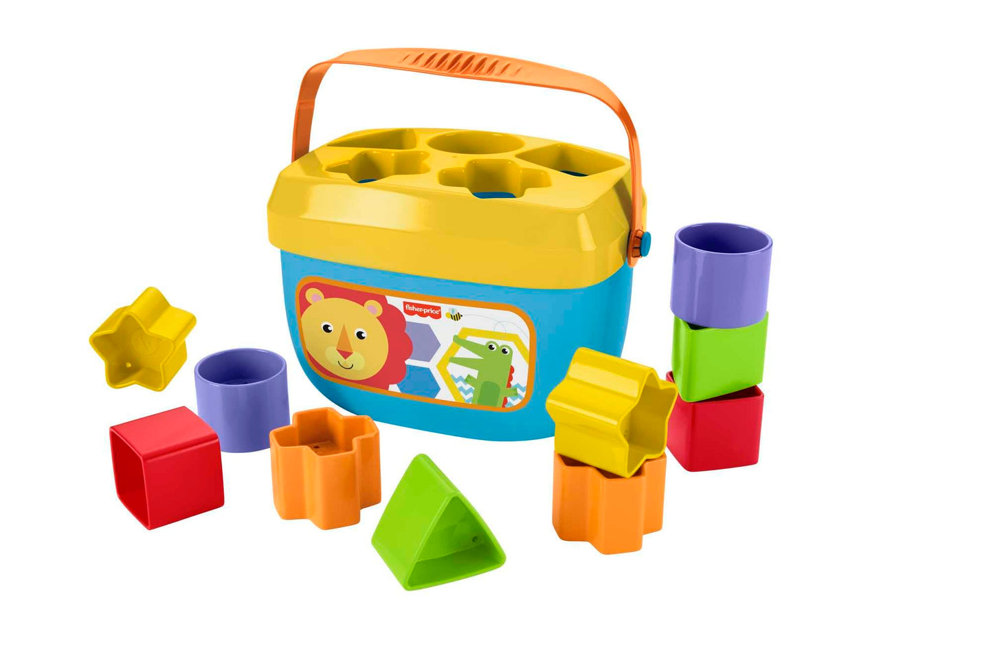 Fisher-Price FFC84 Baby's First Building Blocks Shape Sorting Game with Toy Cube and Storage Bucket for Ages 6 Months and up, Single