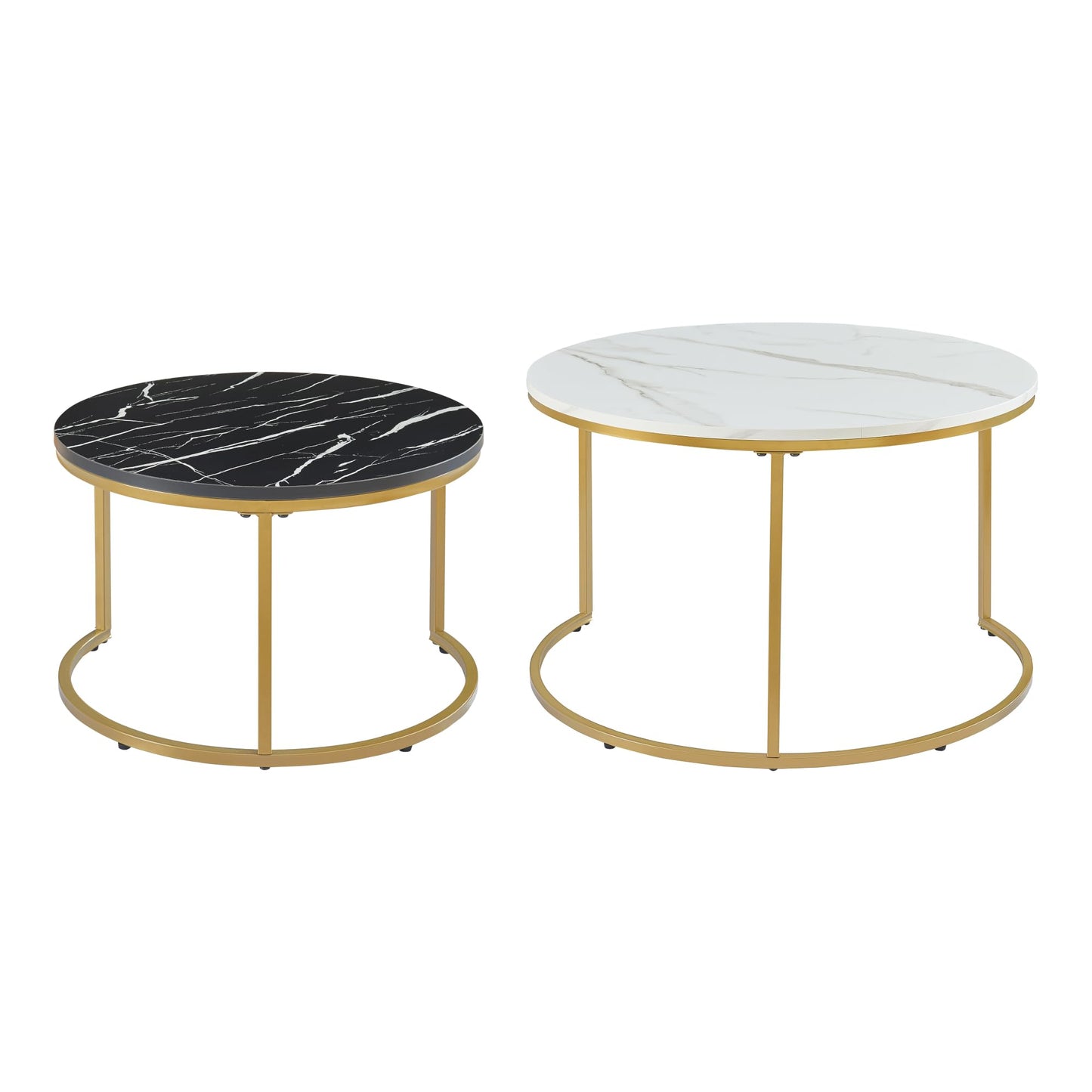 [en.casa] Christchurch Coffee Table, Set of 3, Round Sofa Table, Side Table with Metal Frame, Coffee Table, Marble Look, White/Gold