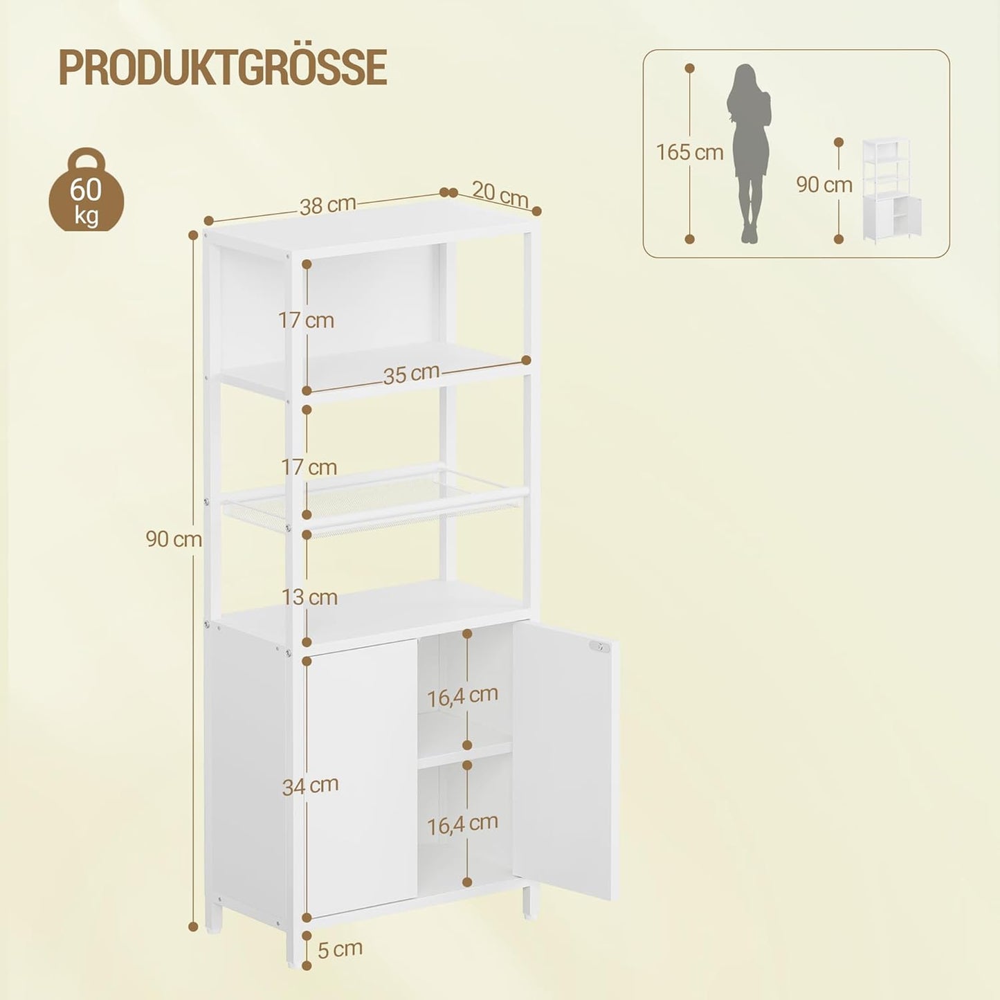 Hzuaneri BC42903W Bathroom Cabinet with 2 Doors & Open Shelf, Kitchen Cabinet, Ventilated Metal Mesh Shelf, Adjustable Shelf, for Bathroom, Living Room, 20 x 38 x 90 cm, White