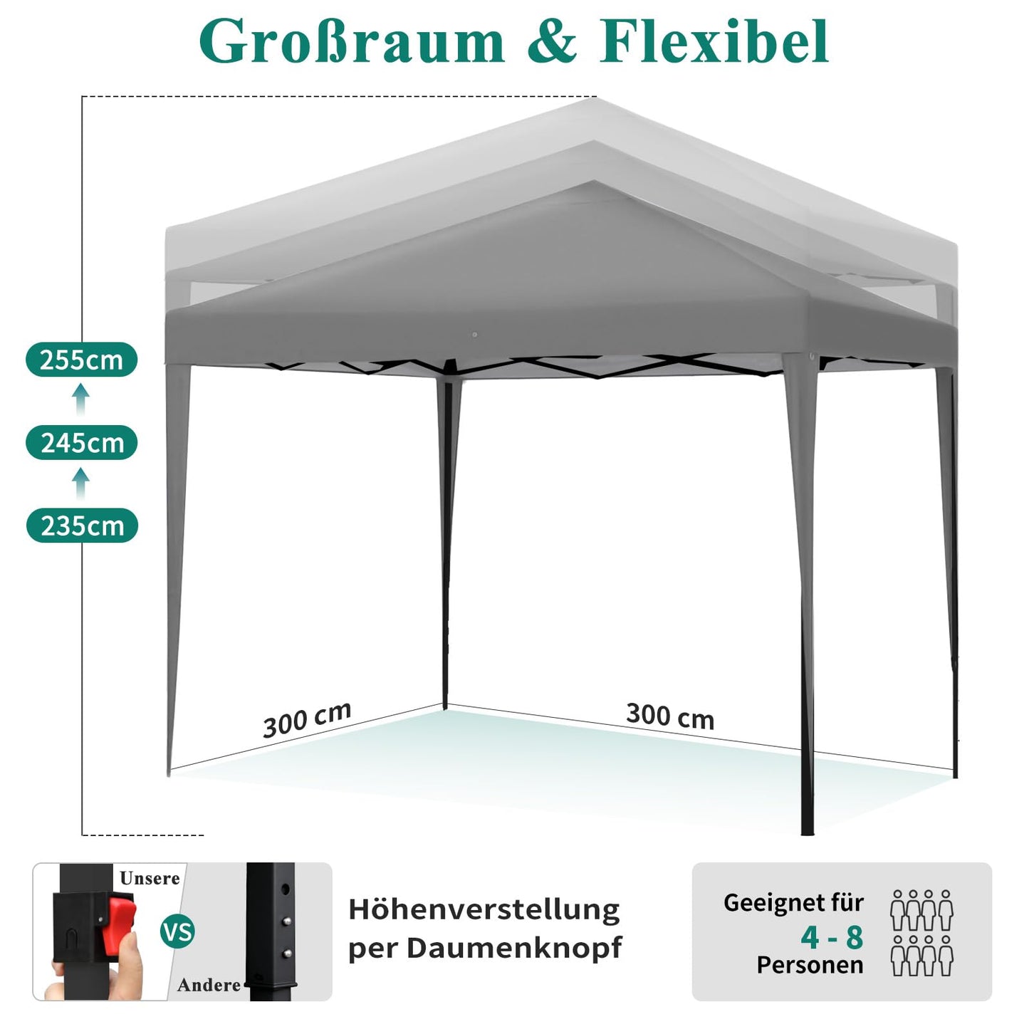 ISE 3 x 3 m Garden Folding Gazebo with Carry Bag, Garden Tent, 50+ UV Protection with 4 Side Panels for Garden, Party, Wedding, High Quality, grey