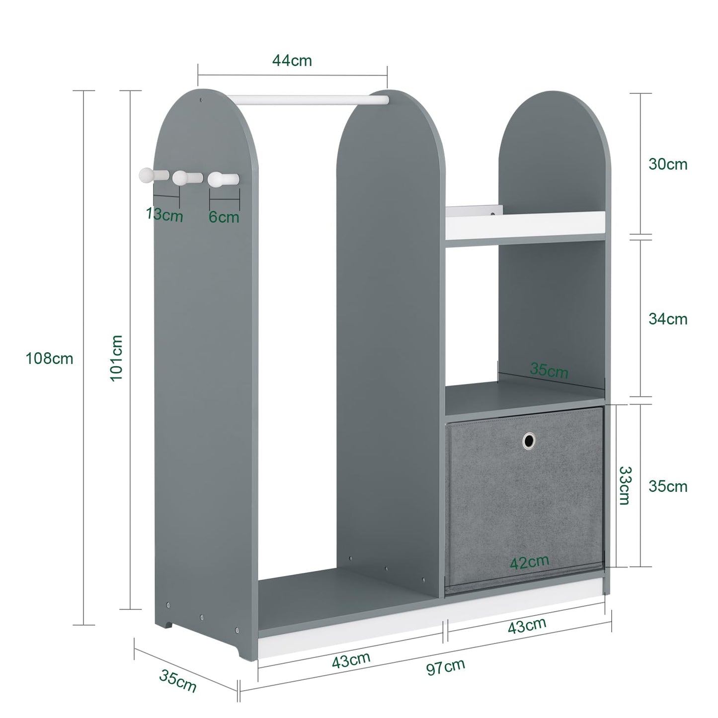 SoBuy KMB40-W Children's Wardrobe with 3 Hooks Children's Wardrobe Children's Wardrobe with Boxes Clothes Rack Children's Shelf Children's Room White 97 x 108 x 35 cm