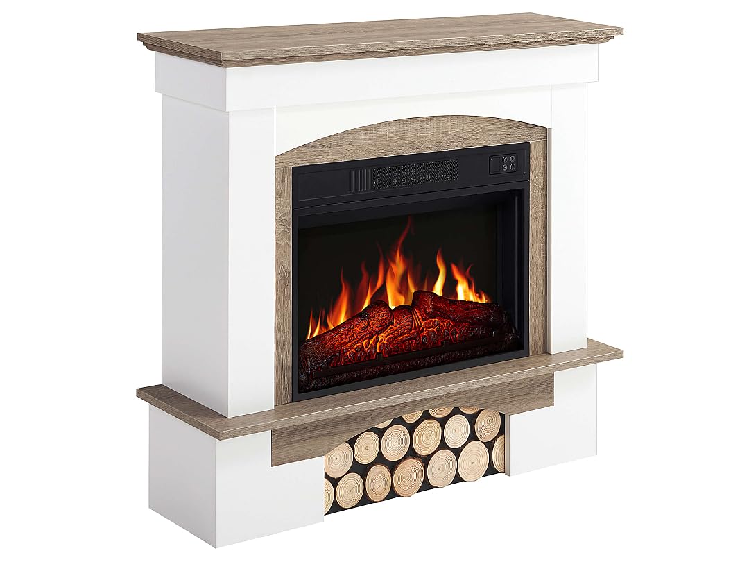 Woodley AF23BS White Brick Effect Electric Fireplace with LED Flame Effect, Heating up to 30 m², Remote Control, Realistic Design, Energy Saving, Freestanding, Grey Oak