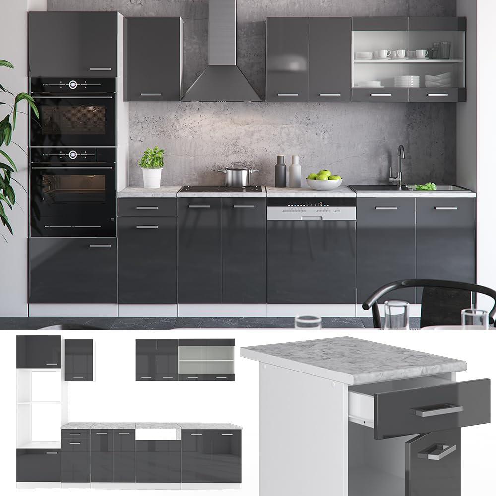 Vicco R-Line Kitchen Unit, High-Gloss Anthracite/White, 300 cm with Tall Cabinet, without Worktop