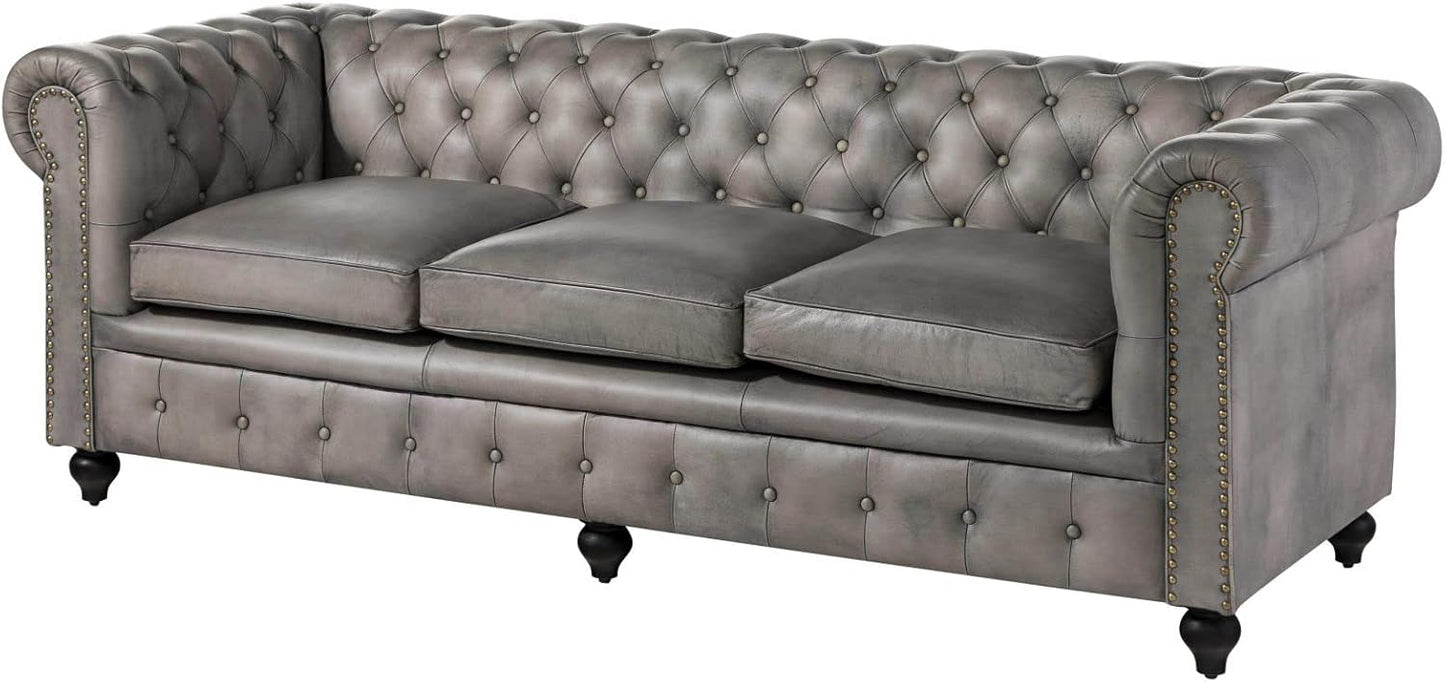 MASSIVMOEBEL24.DE Chesterfield #103 3-Seater Sofa Real Leather 218 x 82 x 76 cm Brown