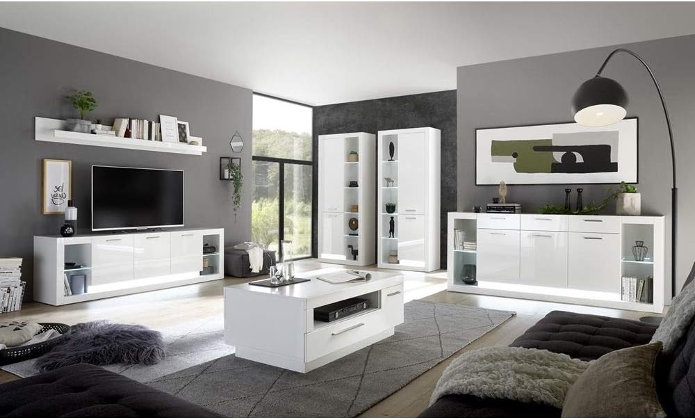 Lomadox Coffee Table High-Gloss White 1 Door 1 Drawer Storage Compartment W x H x D 110 x 44 x 65 cm