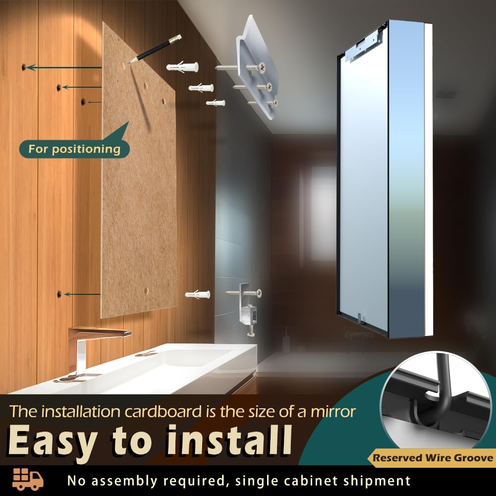 KWW LED Beleuchtetes Badezimmer Medizin Kabinett mit Spiegel, Farbtemperatur Einstellbar, Anti-Nebel Dimmbare Lichter, Steckdosen für USBs (75 x 70 cm)