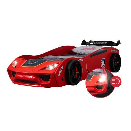 Coemo Dream Racer Children's Car Bed 90 x 200 cm in Racing Car Design with LED Lighting and Slatted Frame for Boys and Girls - Beds Colour White - Racing Bed