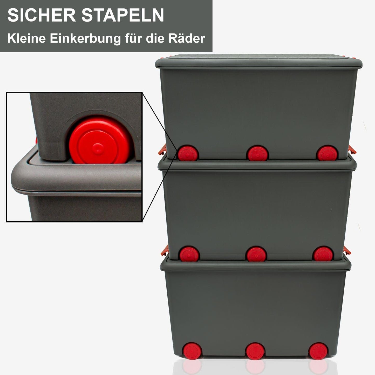 Babykajo 3 Storage Boxes with Lid and Wheels 50 L - Stacking Boxes with Lid Opaque - Plastic Box with Lid for Closing - Boxes Storage with Lid