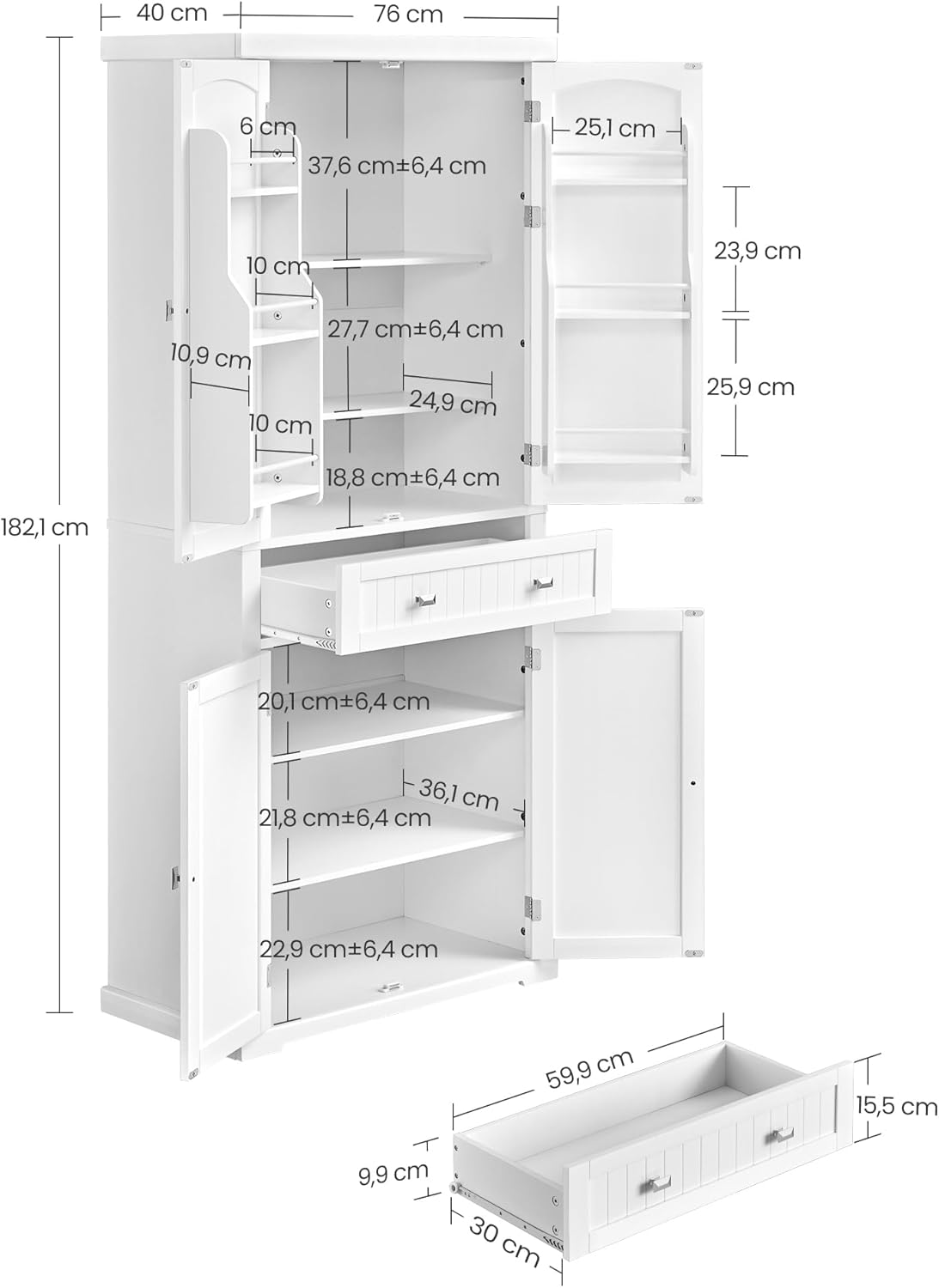 VASAGLE BBC561W21 Kitchen Cabinet, Tall Cabinet Kitchen Buffet Cabinet with Adjustable Shelves, Dining Room Cabinet with Drawers for Living Room Kitchen, 40 x 76 x 182.1 cm, White