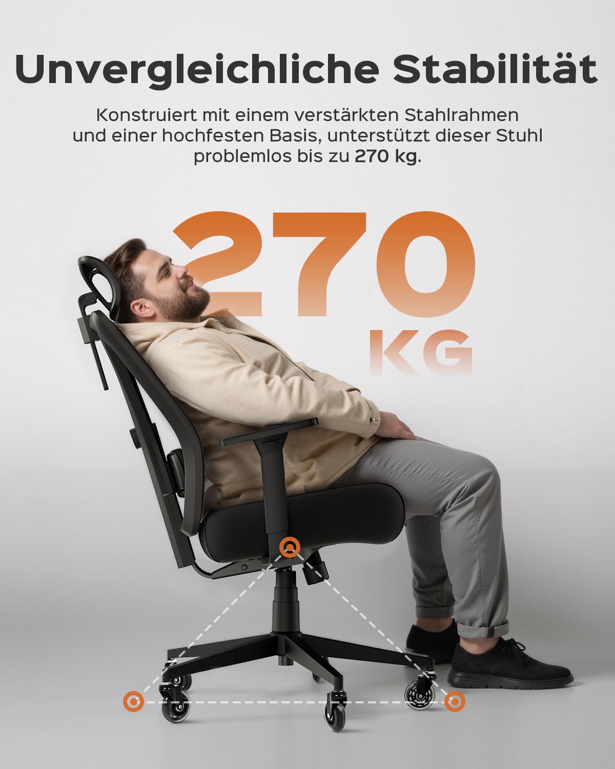 Dowinx Office Chair 270 kg, Ergonomic Desk Chair with Thick Seat Padding, Adjustable Lumbar Support, Height-Adjustable Backrest, 3D Armrests, Metal Base, Black