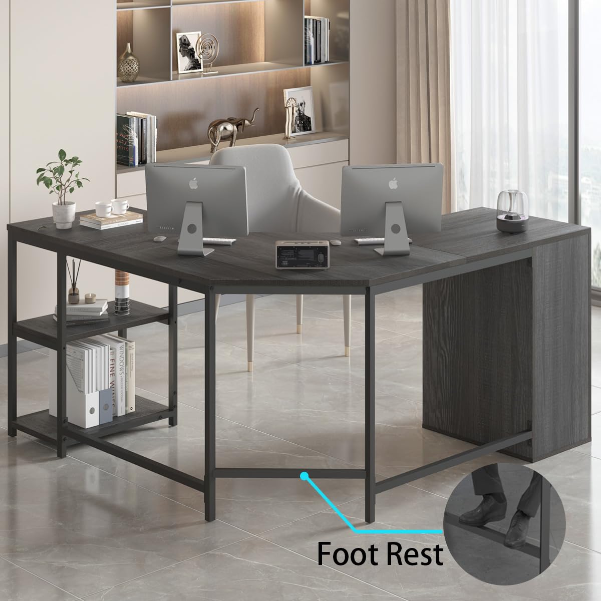 LVB White L Shaped Corner Desk with Drawers, Reversible Modern L Shaped Computer Desk with Storage Cabinets, Large L Shaped Wooden L Shaped Desk Metal L Shape