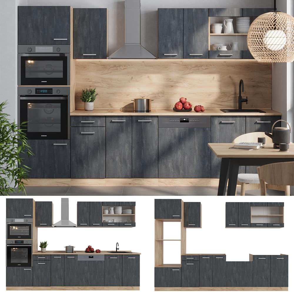 Vicco R-Line Kitchen Unit, High-Gloss Anthracite/Goldkraft Oak, 300 cm with Tall Cabinet, without Worktop