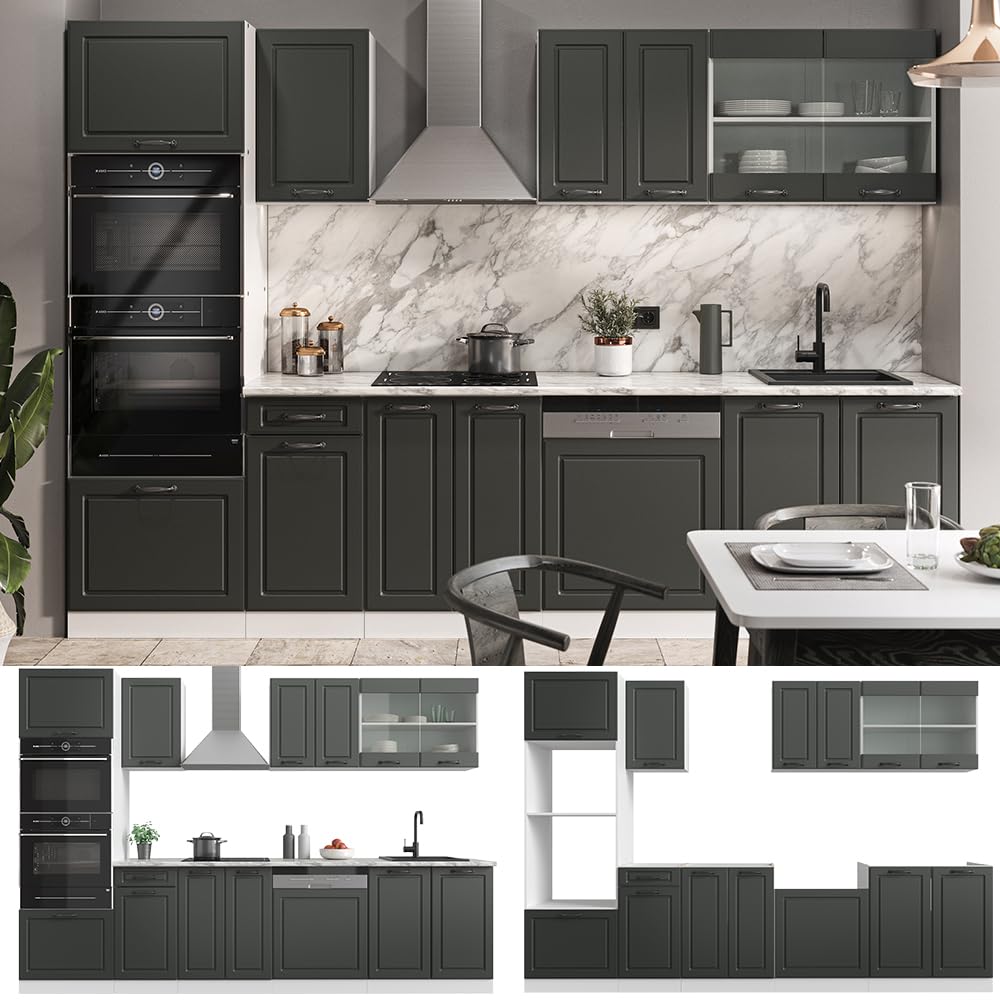 Vicco R-Line Kitchen Unit, High-Gloss Anthracite/White, 300 cm with Tall Cabinet, without Worktop