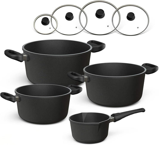Hoffmann Töpfeset Induktion mit Glasdeckel, 8-teilig I Set alle Herdarten auch Induktion I Kochtöpfe und Stielkasserolle Made in Germany 100% verzugsfrei