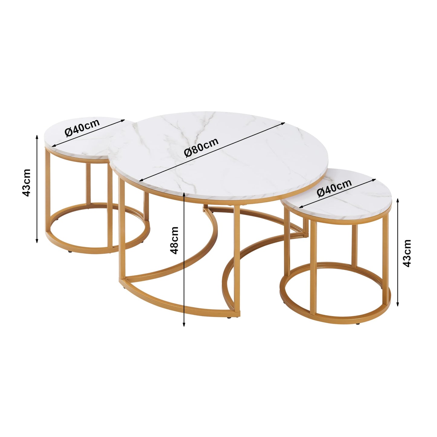 [en.casa] Christchurch Coffee Table, Set of 3, Round Sofa Table, Side Table with Metal Frame, Coffee Table, Marble Look, White/Gold
