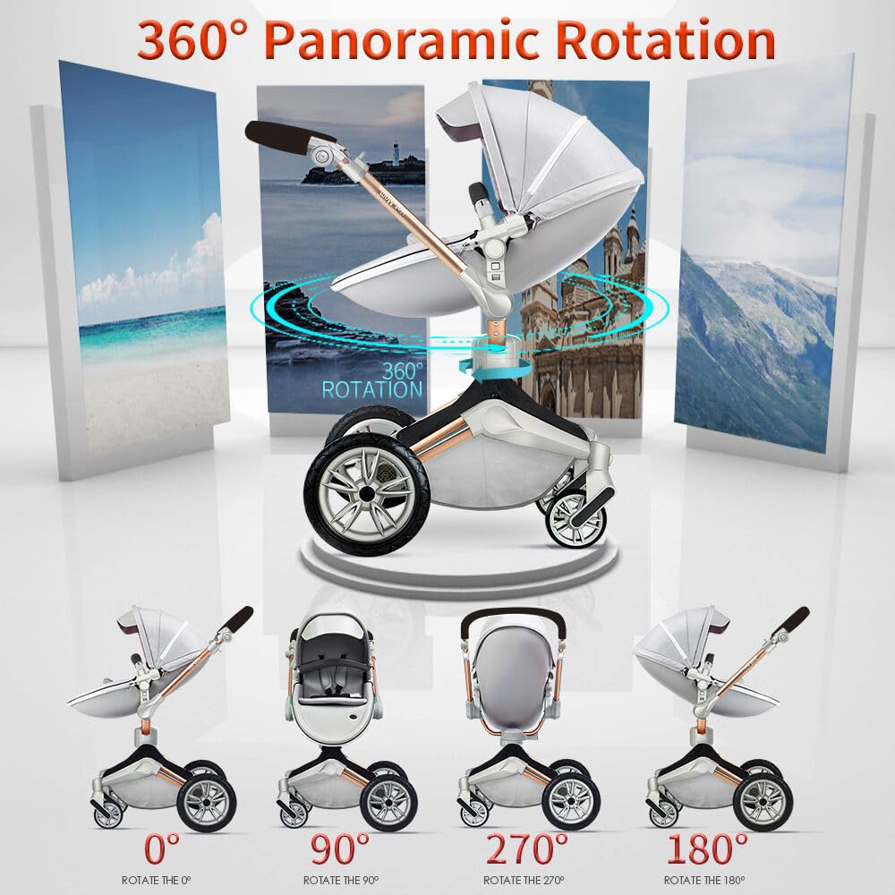 Hot Mom Pram Set with 360° Rotation Function, Combination Pushchair 3-in-1 Equipped with PU Tyres and Faux Leather Seat and Many Other Accessories, Dark Grey
