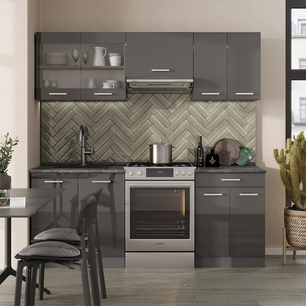 Vicco R-Line Kitchen Unit, White Country House / Anthracite, 200 cm without Worktop