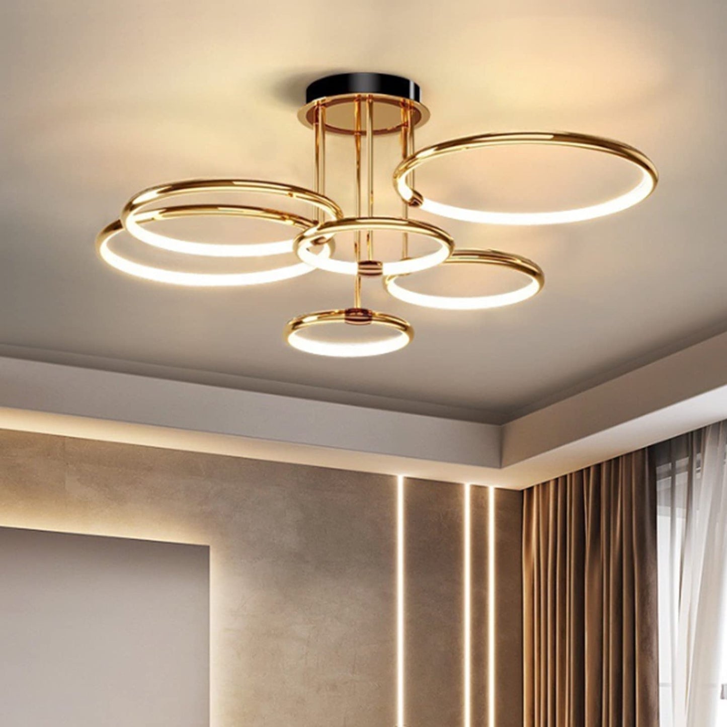 LED Deckenleuchte Modern Design Deckenlampen Gold 5-Ring Lampen Dimmbar Wohnzimmerlampe mit Fernbedienung, Aluminium Led Beleuchtung für Wohnzimmer Schlafzimmer Küche Esszimmer Büro 93cm, 108W…