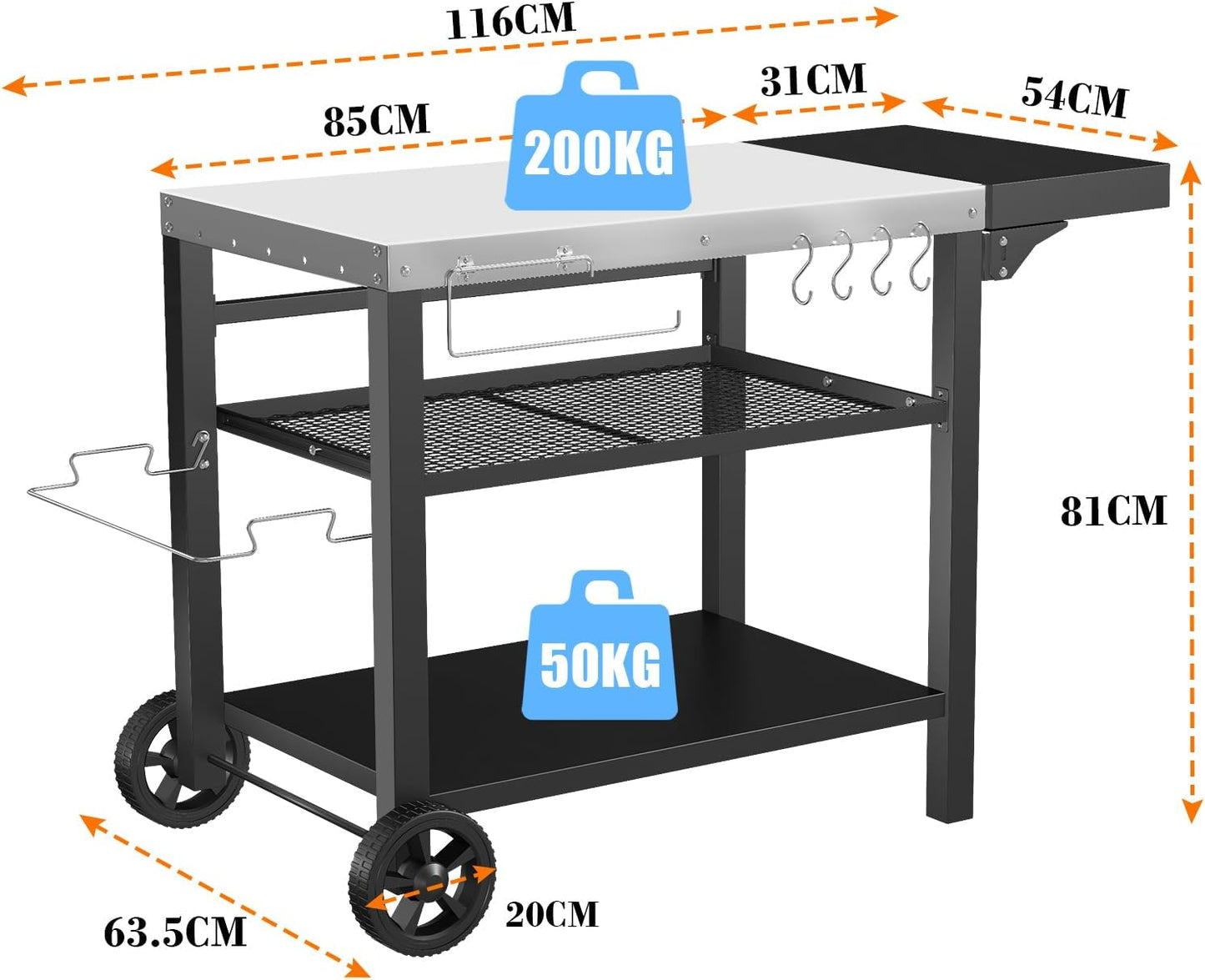 Denmay Stainless Steel Grill Table Grill Trolley 116 x 54 cm with 3 Levels, Pizza Oven Stand, Grill Table for Outdoor Use, Work Trolley with 4 Hooks, Outdoor Serving Trolley Side Table, Kitchen