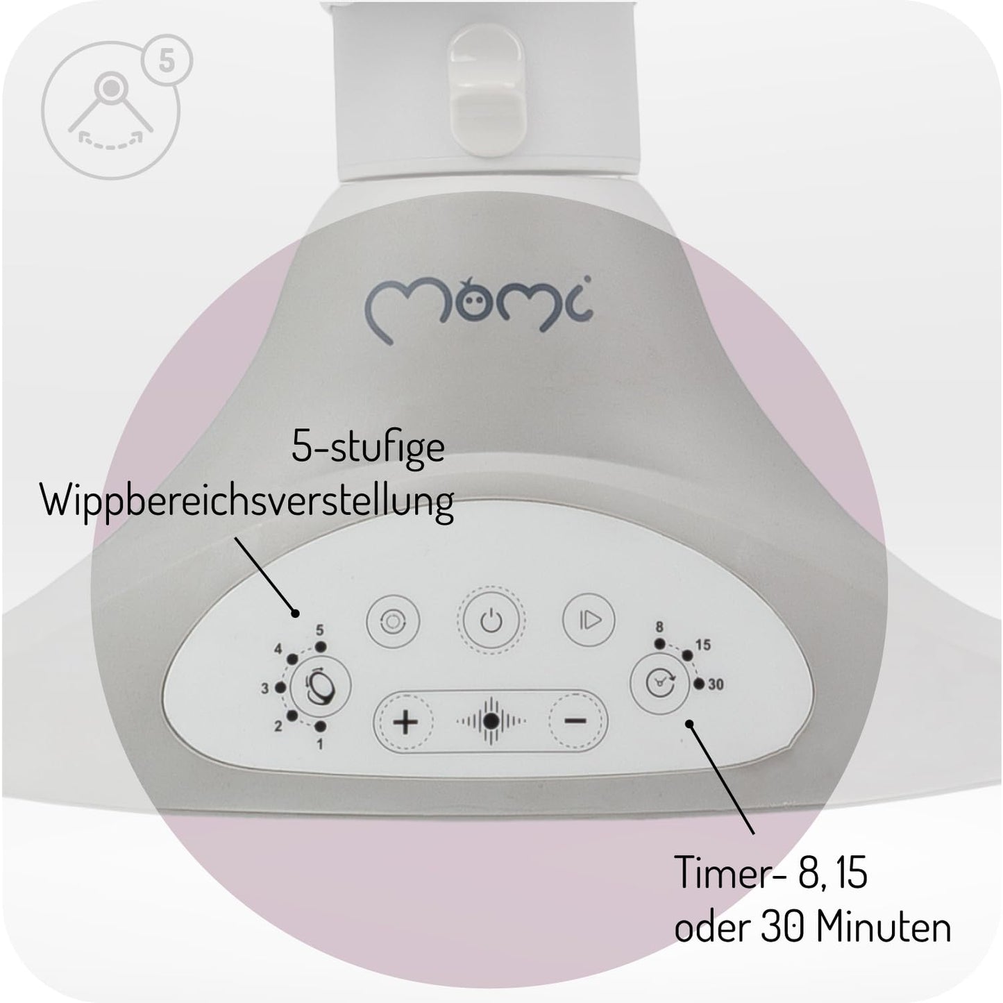 MoMi LAMI Babywippe für Kinder bis 9 kg, klappbar, mit Fernbedienung & Bluetooth zum Verbinden mit Smartphone, Batterie- oder Stromanschluss, mit 5-Punkt-Sicherheitsgurt, Sonnenschutz, Insektennetz