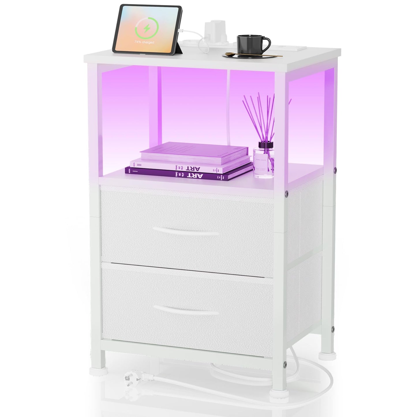 Bedside Table with LED & Charging Function, Side Table with Drawer, Bedside Tables with 3 AC Ports & 2 USB Ports, Side Tables for Living Room, Bedroom, White