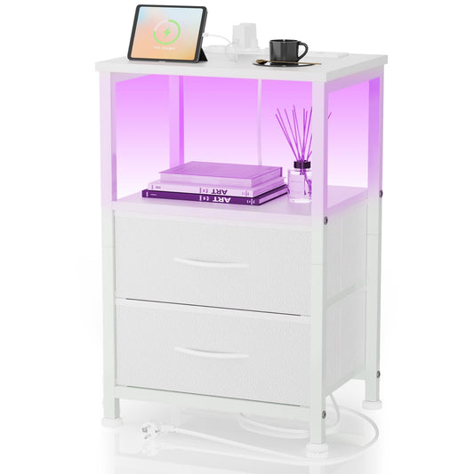 Bedside Table with LED & Charging Function, Side Table with Drawer, Bedside Tables with 3 AC Ports & 2 USB Ports, Side Tables for Living Room, Bedroom, White