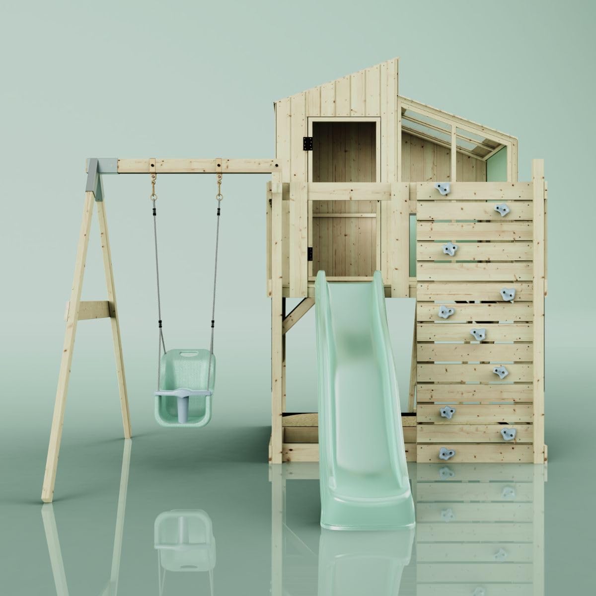 Rebo Spielturm mit Spielhaus inkl. Wellenrutsche und Kinder-Schaukel | Outdoor Klettergerüst Garten | Kletterwand und Kletterleiter | Stabile Konstruktion, Weiches Gefühl in den Seilen