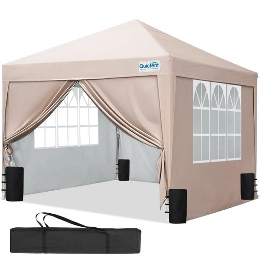 Quictent Gazebo 3 x 3 Folding Gazebo with 4 Side Panels, Waterproof Garden Gazebo (Khaki)