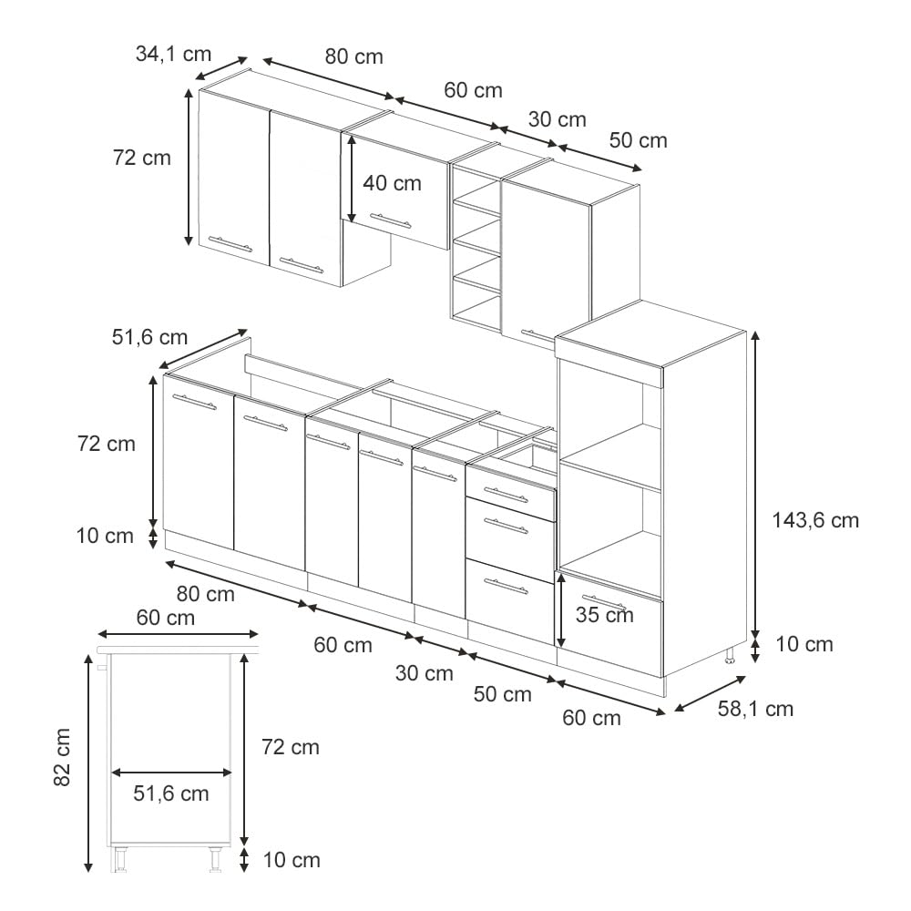 Vicco Fame-Line Kitchen Unit 280 cm without Worktop 280 cm High-Gloss Anthracite / White