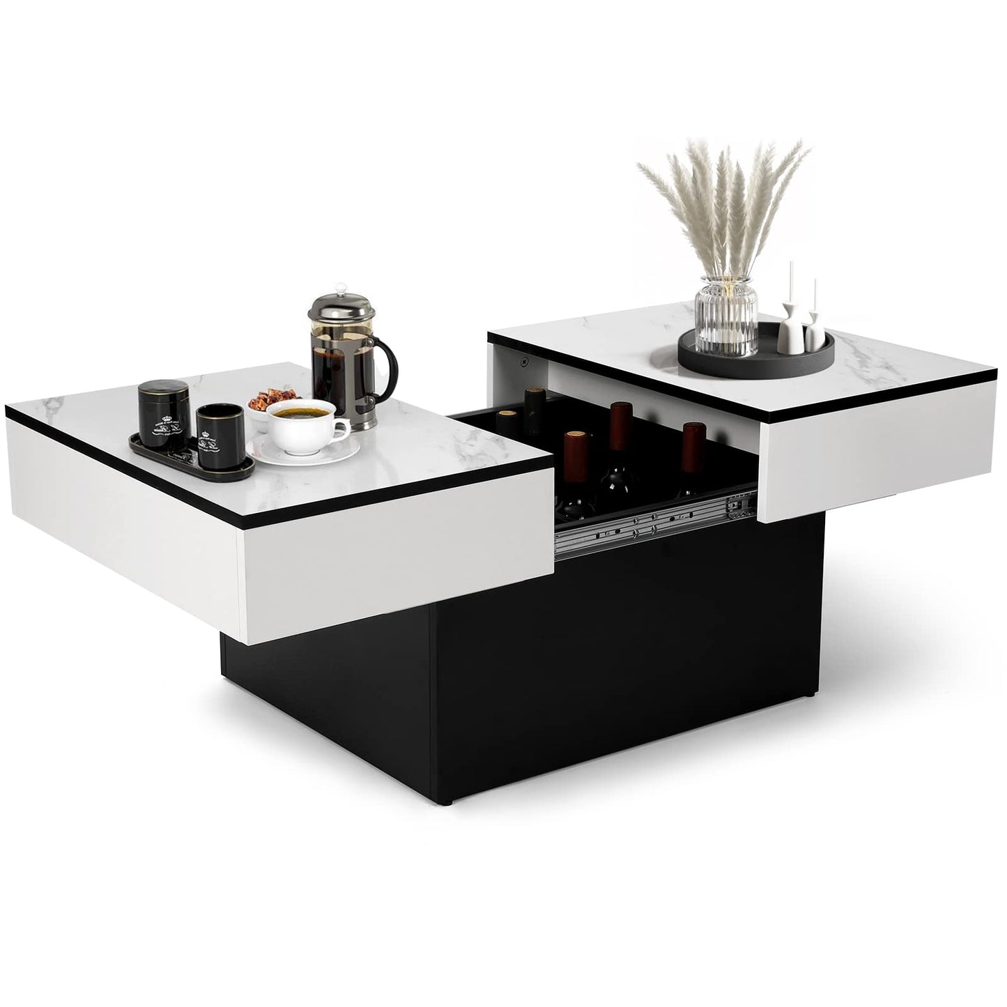 Vowner Coffee Table, Modern Coffee Table, Extendable Desk, Living Room Table with 2 Storage Spaces, High Gloss Finish, 114 x 58 x 40 cm, White Marbling