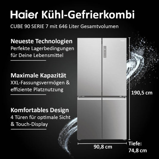 Haier Multi Door Kühl-Gefrierkombination I CUBE 83 SERIE 7 HCR7818DWPT I 4-türiger Kühlschrank mit Gefrierfach, XXL-Fassungsvermögen & 83cm Breite I 463L, Energieklasse D I Wasserspender & No Frost