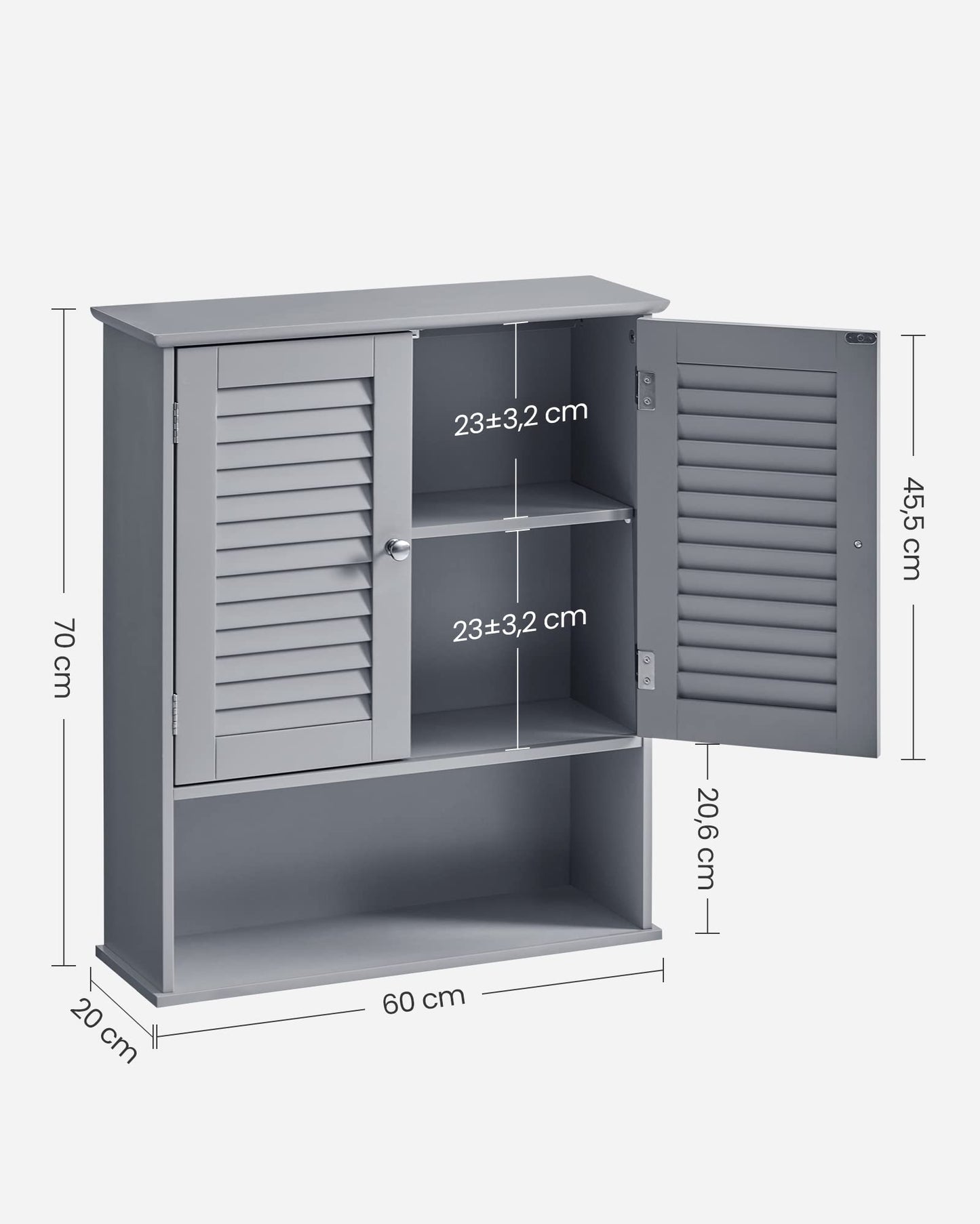 VASAGLE Wall Mounted Bathroom Cabinet, Medicine Cabinet with Height-Adjustable Shelf, Double Door, Open Compartment, 60 x 20 x 70 Cm, Wood, White, BBC27WT