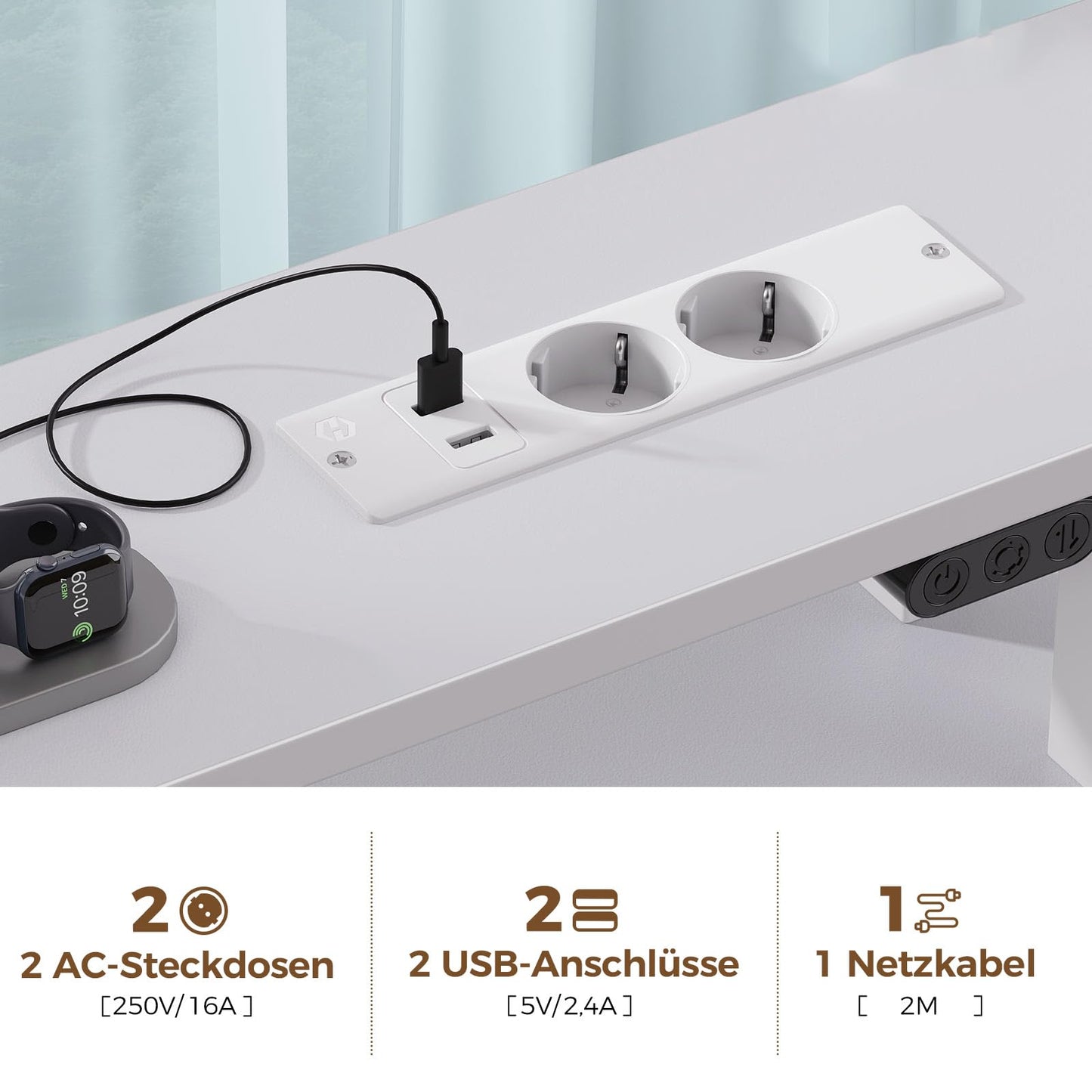 Rolanstar Desk with Drawers, 120 x 47 cm Gaming Table with Socket, LED & Monitor Stand, Computer Desk with Keyboard Tray, Gaming Desk for Home Office, Office, Living Room, White