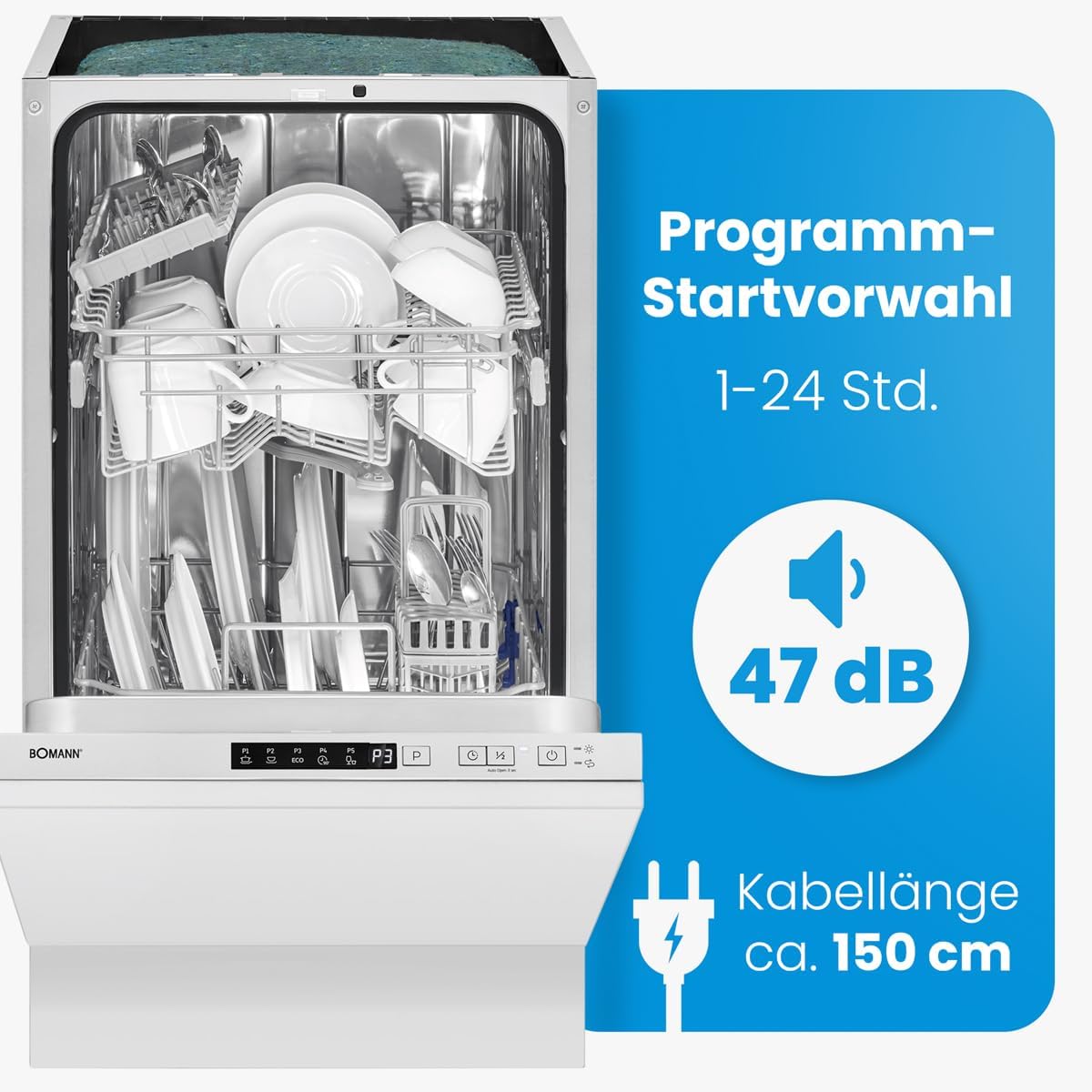 Bomann® Dishwasher 45 cm Fully Integrable | Dishwasher 45 cm for 10 Place Settings | Dishwasher 45 cm with 5 Programmes and 2 Spray Levels | Program Start Selection: 1-24 Hours | GSPE 7420 VI