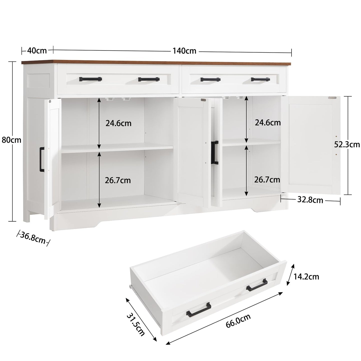 TEENFON 140 cm (W) Sideboard, 80 cm (H) Kitchen Cabinet with Worktop, Buffet Cabinet with 2 Drawers & Adjustable Shelves, Kitchen Unit for Kitchen, Living Room & Hallway - 140 x 40 x 80 cm - White