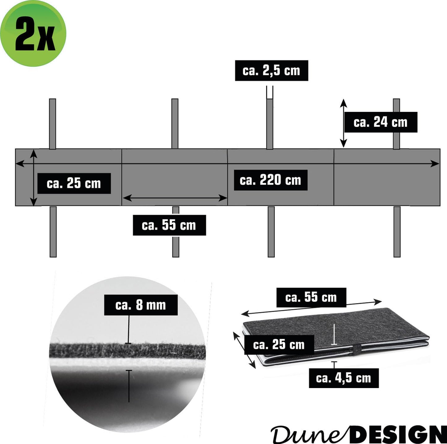 DuneDesign 2er Set: 180 cm Filz Bierbank Polster - 2 cm Dicke Bierbank Kissen zum Wenden - 180x28 Sitzauflagen Bierzeltgarnitur - Sitzpolster für Bierbänke Deko Bierzeltgarnitur Bierbankauflagen Set