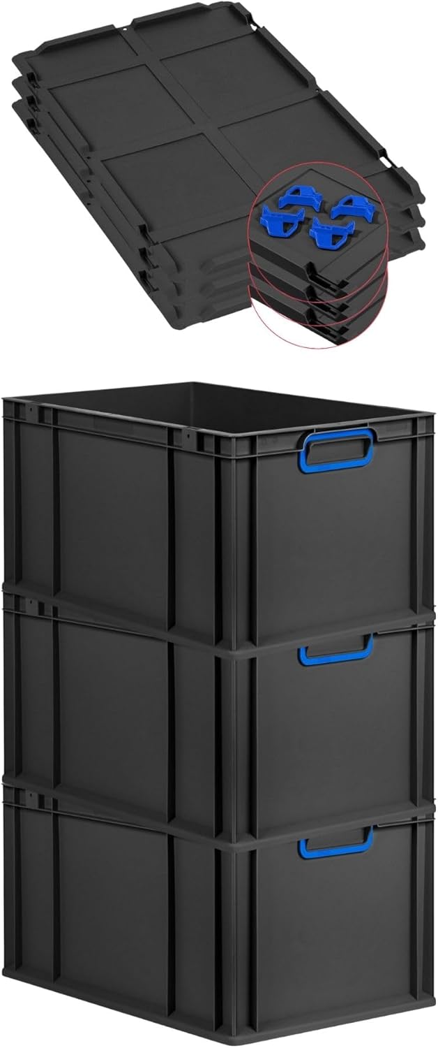 PROREGAL Economy Set of 5 Eurobox NextGen Colour with Lid and Sliding Snap Fasteners, H x W x D 22 x 30 x 40 cm, 20 L, Black, Closed Handles, Euro Container, Transport Box, Transport Container