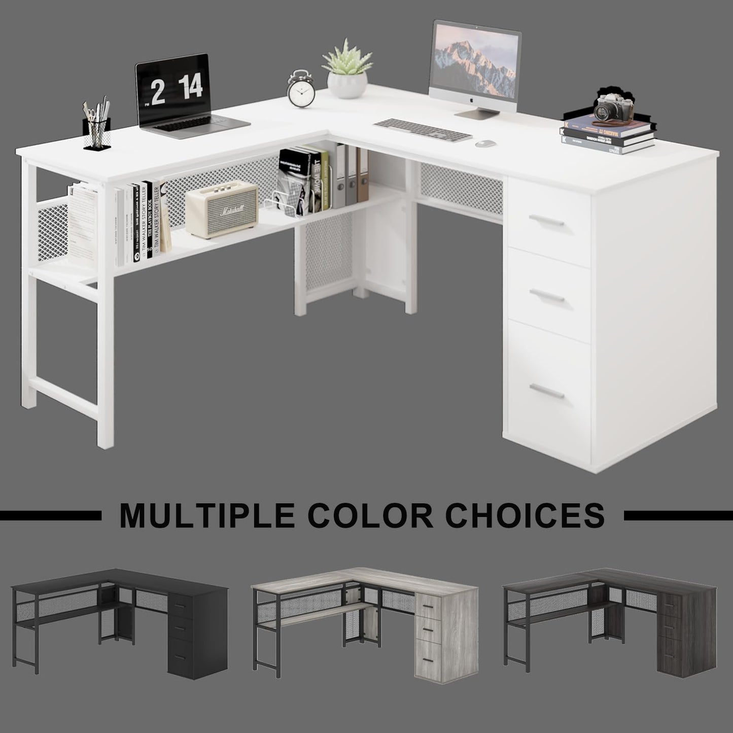 LVB White L Shaped Corner Desk with Drawers, Reversible Modern L Shaped Computer Desk with Storage Cabinets, Large L Shaped Wooden L Shaped Desk Metal L Shape