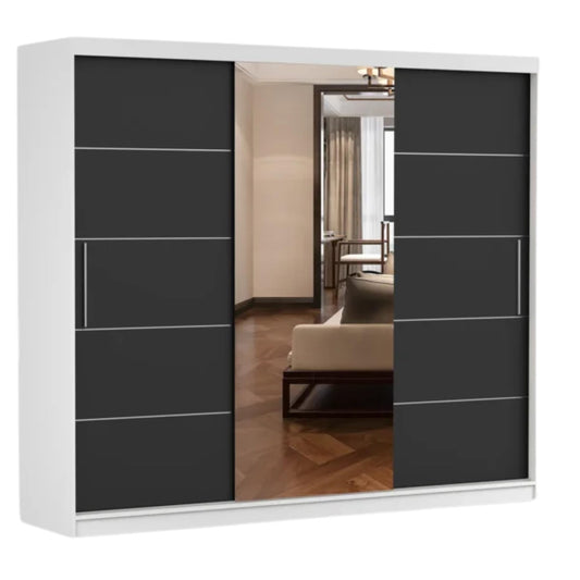 Fabryka Mebli Idźczak Kleiderschrank mit Spiegel, Schiebetüren - Weißer Schwebetürenschrank, Schlafzimmerschrank - ‎61 x 250 x 218 cm - Schrank für Schlafzimmer, Wohnzimmer, Garderobe
