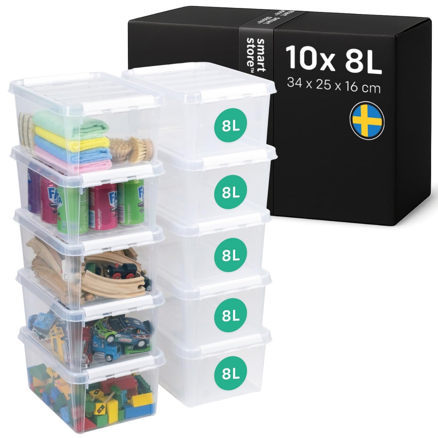 SmartStore Storage Box with Lid, 14 Litres, Pack of 4, Reinforced, Large, Transparent, Food Safe, with Clip Closure, Stackable, BPA-Free Plastic, 40 x 30 x 18 cm (L x W x H)