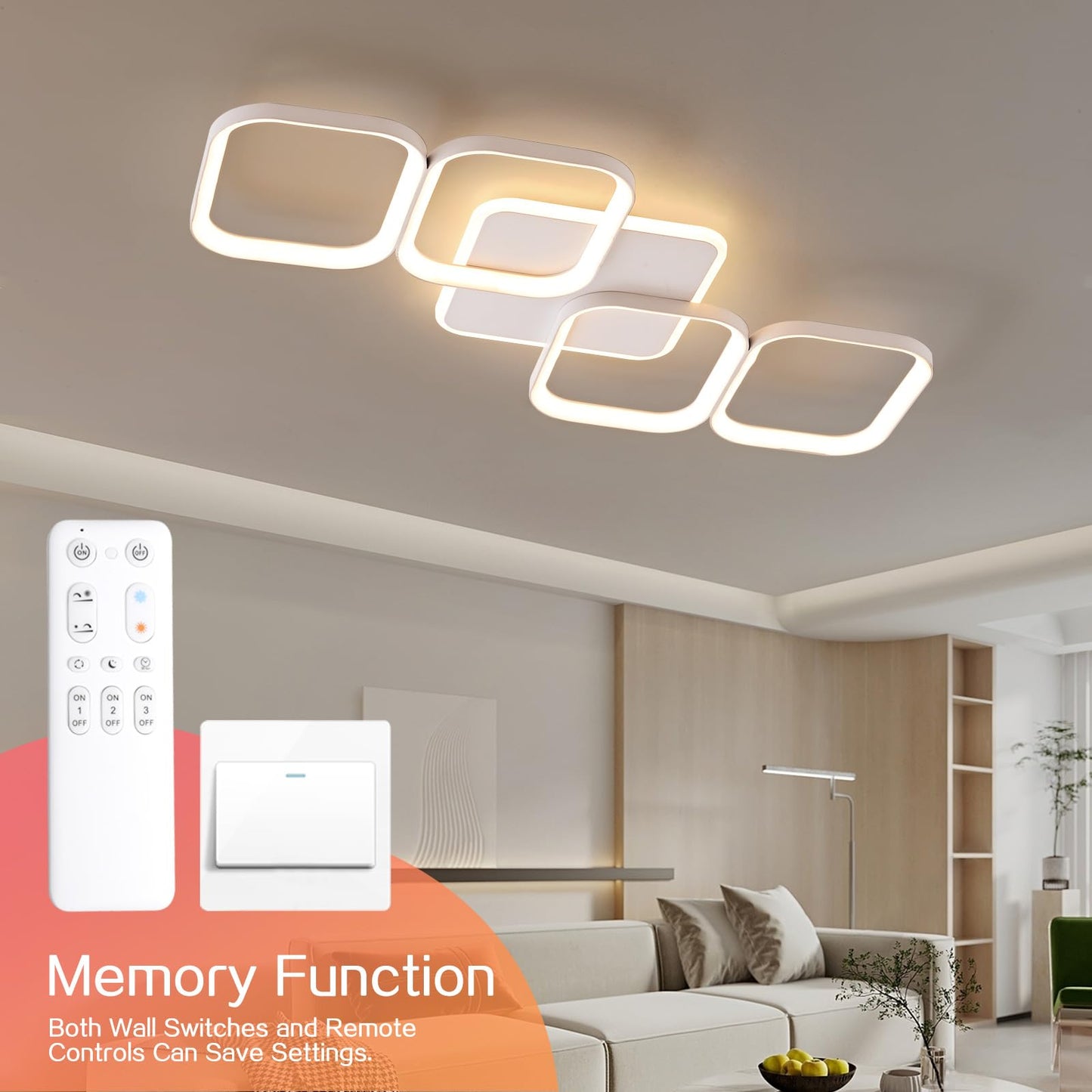 LED Ceiling Light Living Room 40 W 4500 LM with Remote Control Continuously Dimmable 2700-6500 K, Living Room Lamp with Memory Function Made of Metal for Bedroom Dining Room Hallway