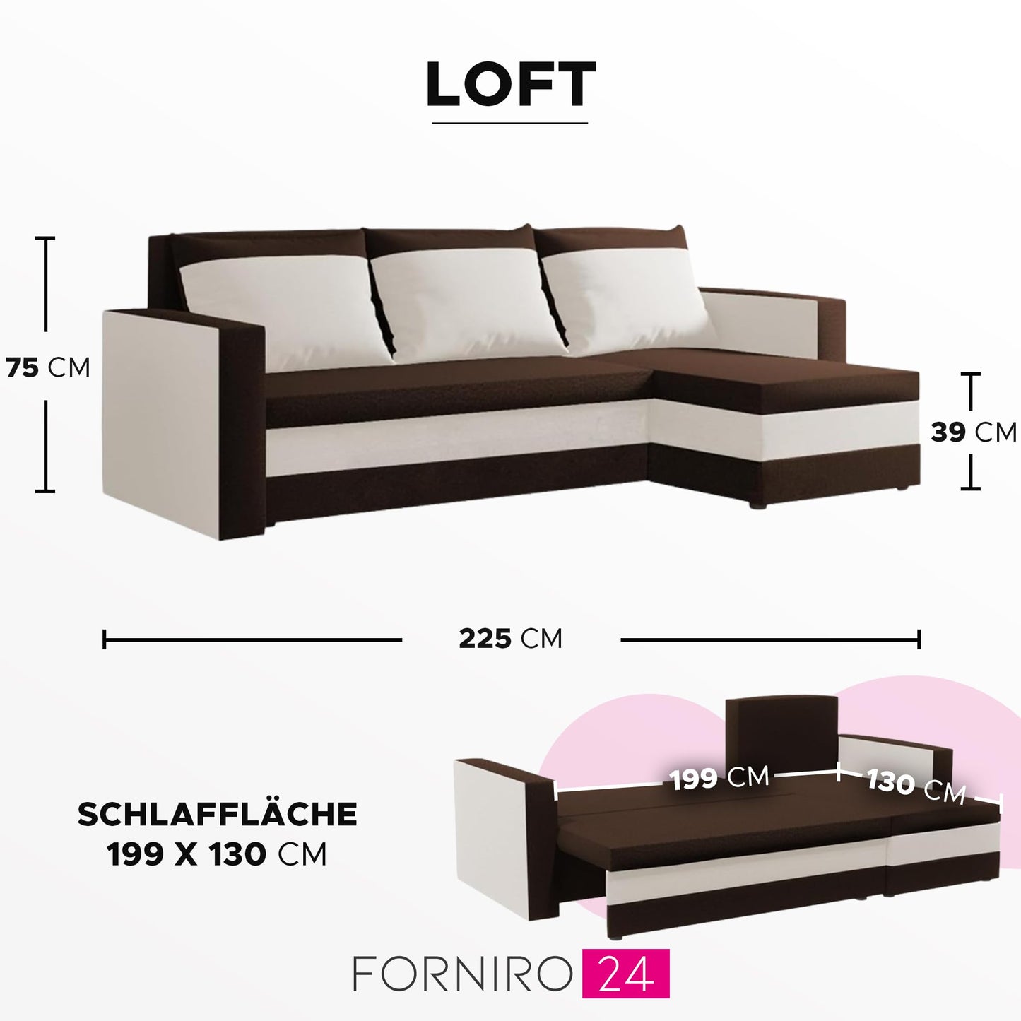 FORNIRO 24 Loft Ecksofa mit Schlaffunktion und Bettkasten - Sofa mit 3 Sitzen und Robustem Überzug - Universal Schlafcouch L-Form - Modern Couch - 225x130x75 cm - Schwarz-Türkis