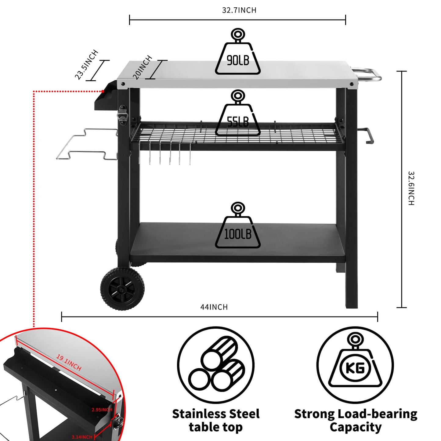 Barbecue Table with Large Work Surface | Grill Side Table, Outdoor Grill Trolley, Grill Table Outdoor, Stainless Steel Table Top, Outdoor Garden Trolley