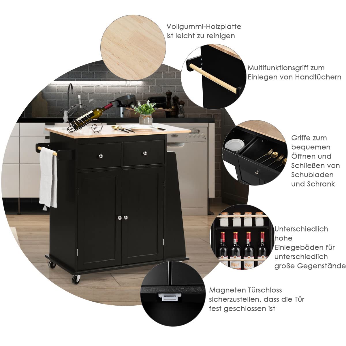 GOPLUS Kitchen Island with Wheels, Serving Trolley with 2 Drawers, 3-Tier Spice Rack, Towel Holder Cabinet, Rubber Wood Worktop & Lockable Wheels for Dining Room, Kitchens (Black)