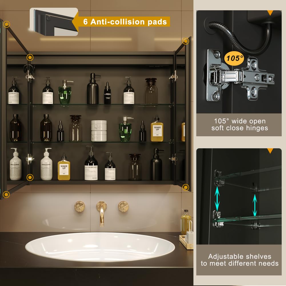 KWW LED Beleuchtetes Badezimmer Medizin Kabinett mit Spiegel, Farbtemperatur Einstellbar, Anti-Nebel Dimmbare Lichter, Steckdosen für USBs (75 x 70 cm)