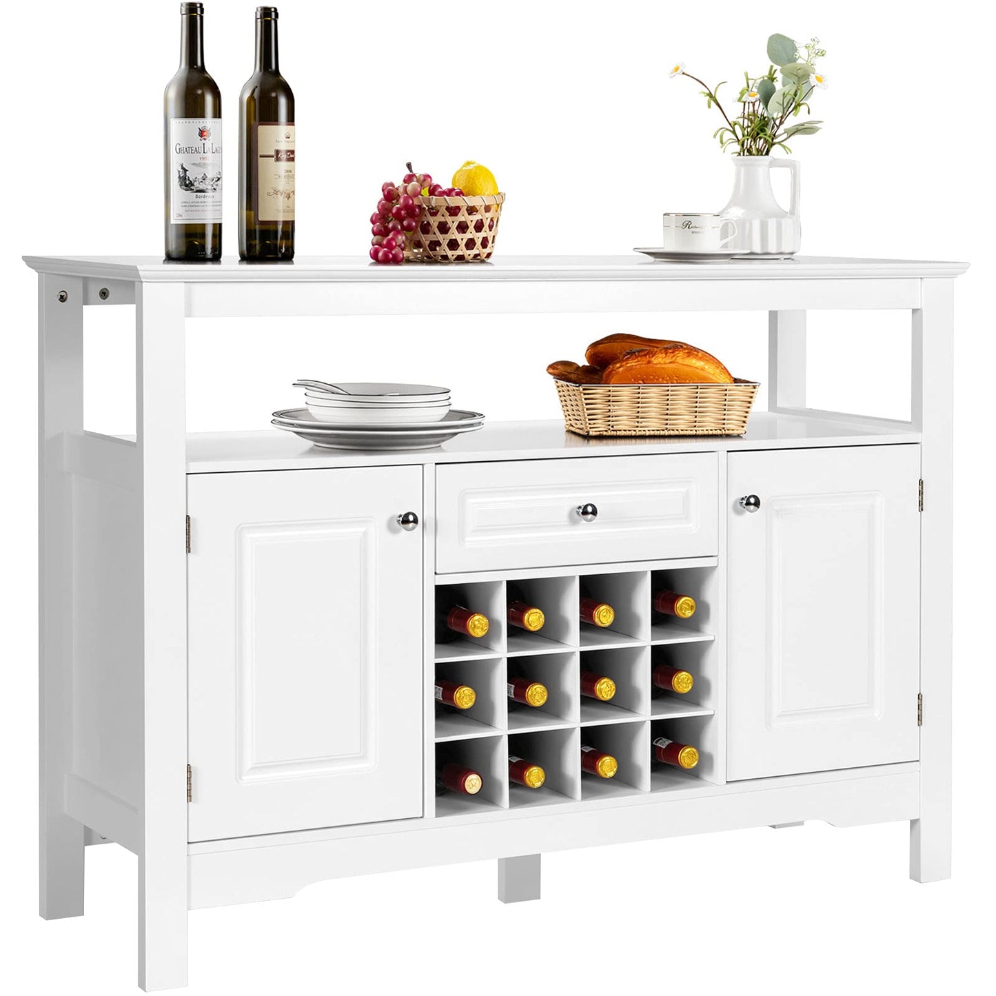 COSTWAY Sideboard Kitchen Cabinet with Doors and Drawers, Wooden Kitchen Chest of Drawers, Buffet Cabinet, Storage Cabinet, Side Cabinet, Wine Cabinet, 116 x 40 x 82 cm (White)